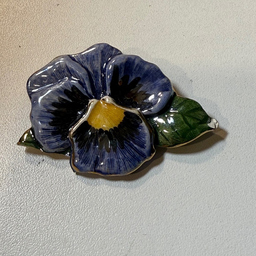 Blue Pansy Flower Brooch Pin Ceramic Vintage‎ Style Floral Jewelry
